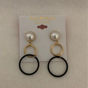 Isaac Mizrahi Gold and White Pearl Drop Earrings with Black Loops